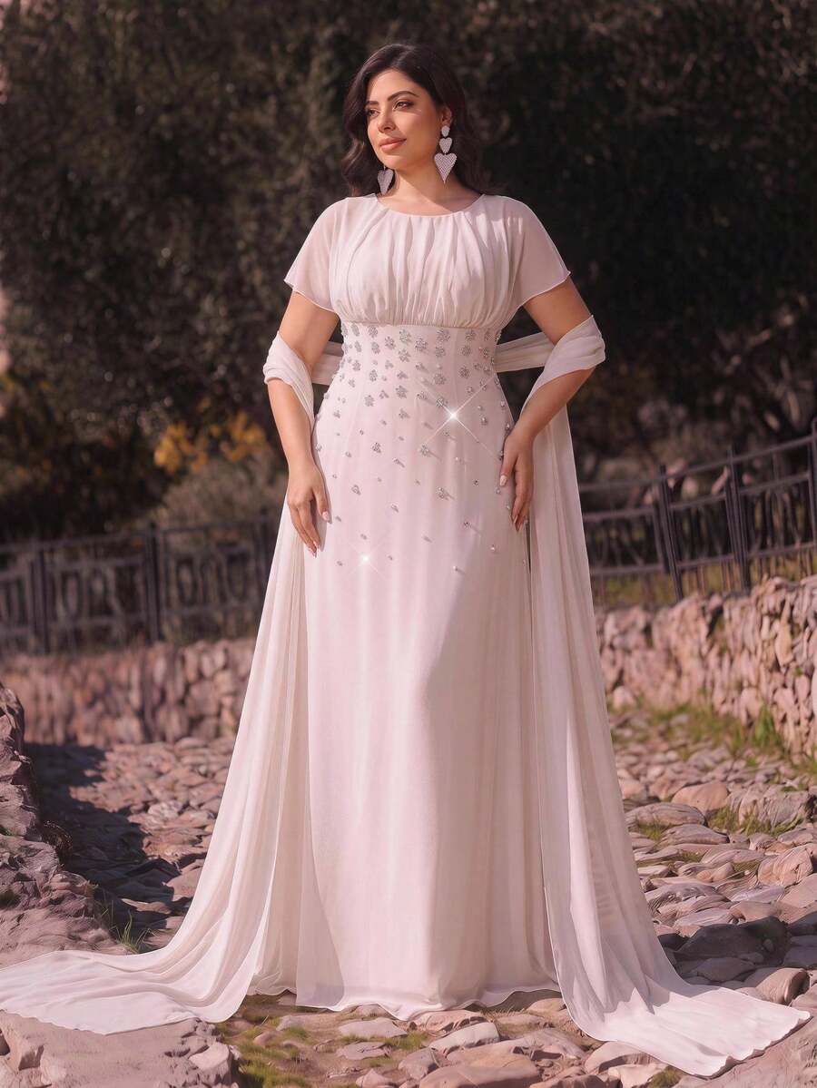 Aureia Plus Size Elegant Formal Romantic Fashion Pink Chiffon Fabric Rhinestone Embellished Ruched Bodycon A-Line Party Evening Wedding Dress Gown Autumn - Apricot - View 1