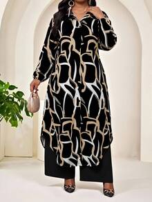 SHEIN Lady Plus Size Fashion Commuter Elegant Casual Formal All-Over Print Shirt And Pants 2 Pieces Set Evening Formal Black And White Black Autumn - Multicolor - View 6