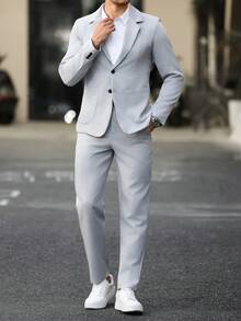 Manfinity Mode Men's Light Grey Suit Set, Autumn Business Casual Office Solid Color Casual Business Suit Featuring Pocket And Waistband Design For Daily Commute, Formal - Grey - View 4