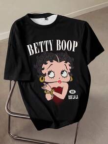 Betty Boop x SHEIN 大码女式休闲日常通勤时尚街头卡通人物字母印花宽松T恤，夏季 - 白色 - 查看 1