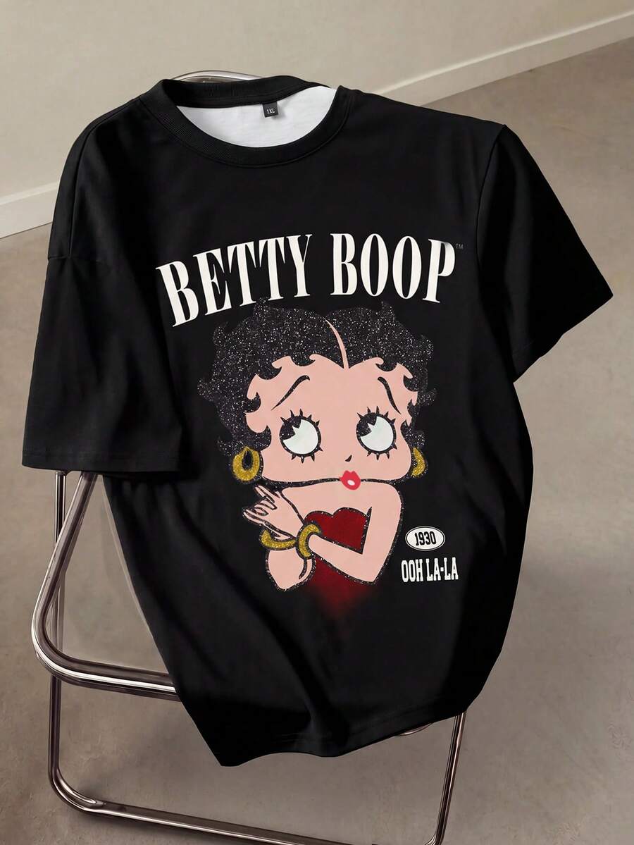 Betty Boop x SHEIN 大码女式休闲日常通勤时尚街头卡通人物字母印花宽松T恤,夏季 - 白色 - 查看 1