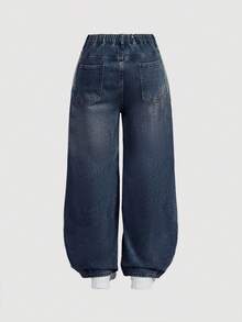 SHEIN MOD MOD Plus Size Solid Color Patch Pocket Casual Versatile Loose Wide Leg - Dark Wash - View 2