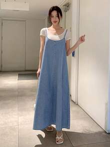 DAZY Women's Denim Casual Slip Dress, Simple & Fashionable For Daily Wear Sundress Maxi Dress - Medium Wash - View 6