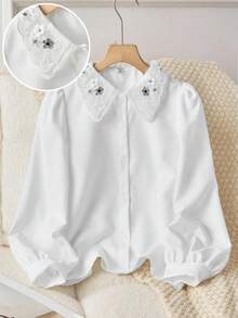 Tween Girls Girls' Back To School White Solid Color Collared Single-Breasted Regular Fit Shirt, Casual Commuter School Uniform Inner Layer, Embroidere - White - View 3