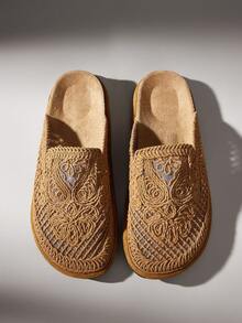 Solecia Women's Flat Bottom Round Toe Embroidery Thread Casual Beach Vacation Shoes - Brown - View 8
