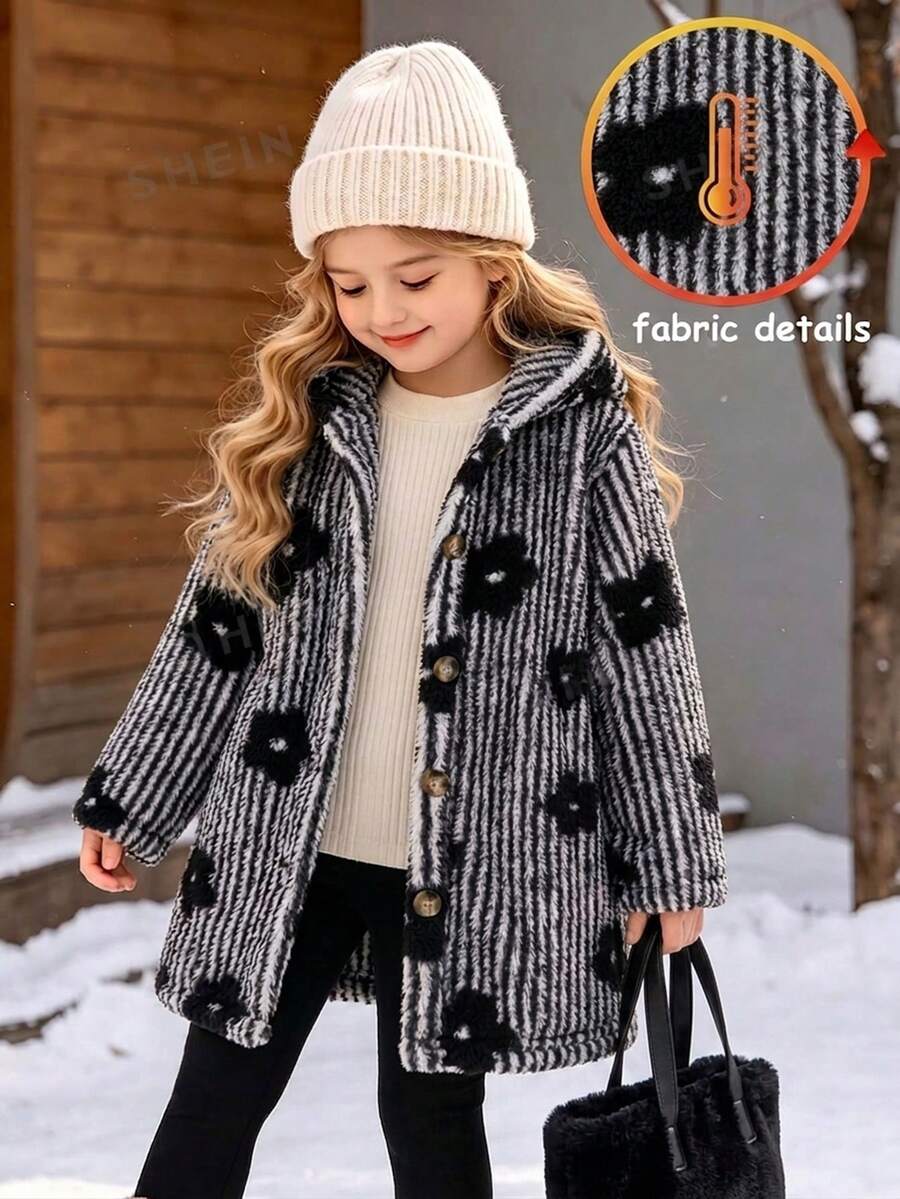 Elladie kids 女童秋冬條紋花卉連帽保暖外套,返校季 - 黑色 - 查看 1