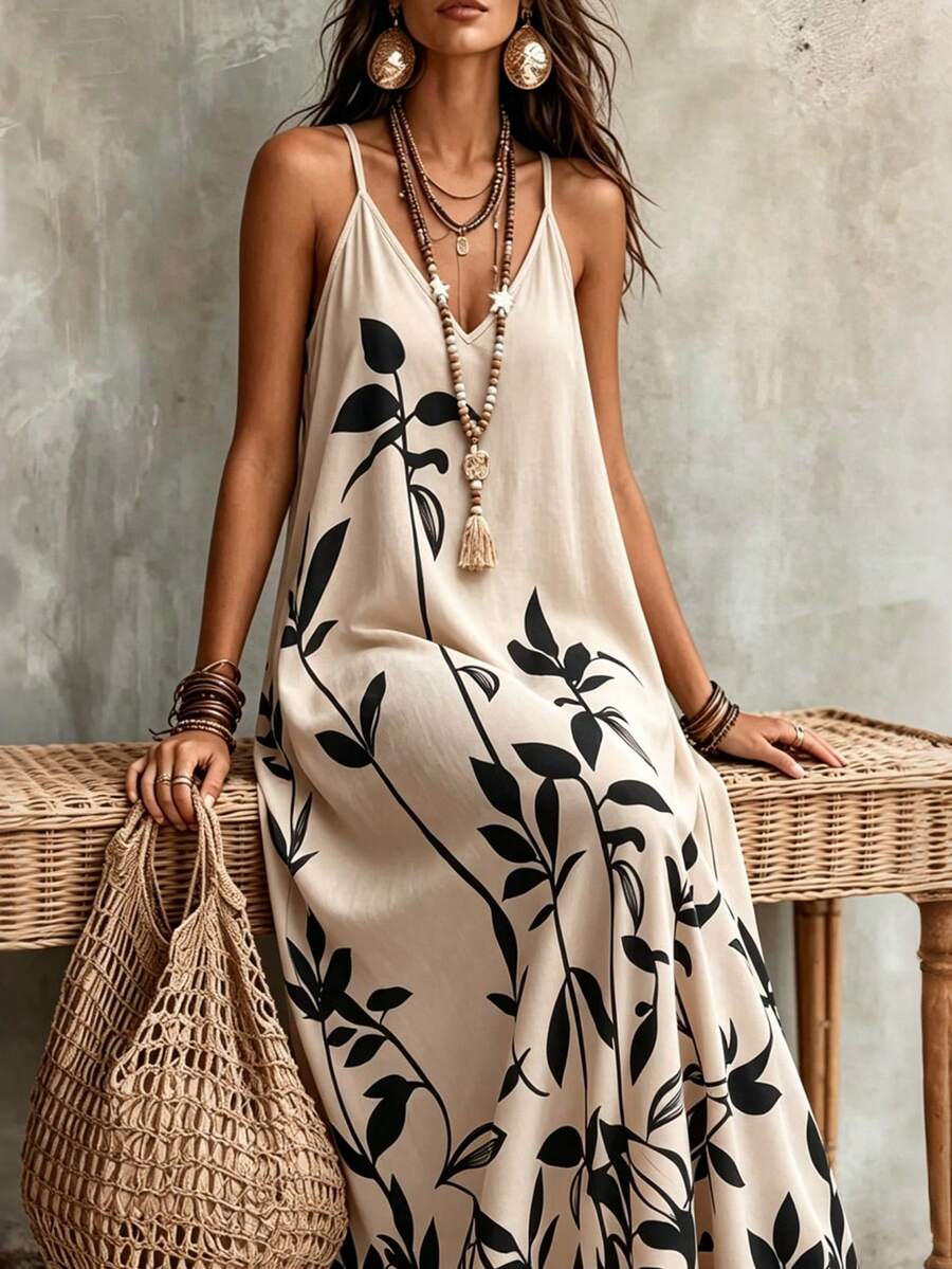 EMERY ROSE Plus Size Women's Deep V-Neck Spaghetti Strap Maxi Dress,Black Floral Print Loose Fit,Beige,Summer,Boho,Beach,Holiday Vacation Casual Sundress - Multicolor - View 1