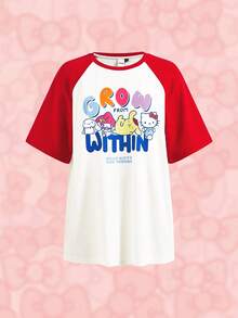 HELLO KITTY AND FRIENDS | SHEIN T-shirt décontracté avec manches raglan contrastantes à imprimé dessin animé et lettre graphique pour l'été - Blanc - Voir 1