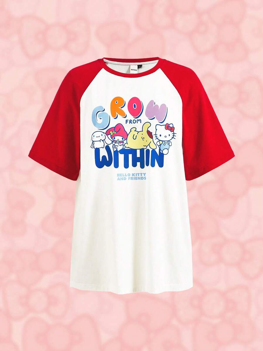 HELLO KITTY AND FRIENDS | SHEIN T-shirt décontracté avec manches raglan contrastantes à imprimé dessin animé et lettre graphique pour l'été - Blanc - Voir 1