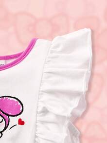 HELLO KITTY AND FRIENDS | SHEIN Baby Girl Cartoon And Letter Graphic Ruffle Trim Romper - White - View 4