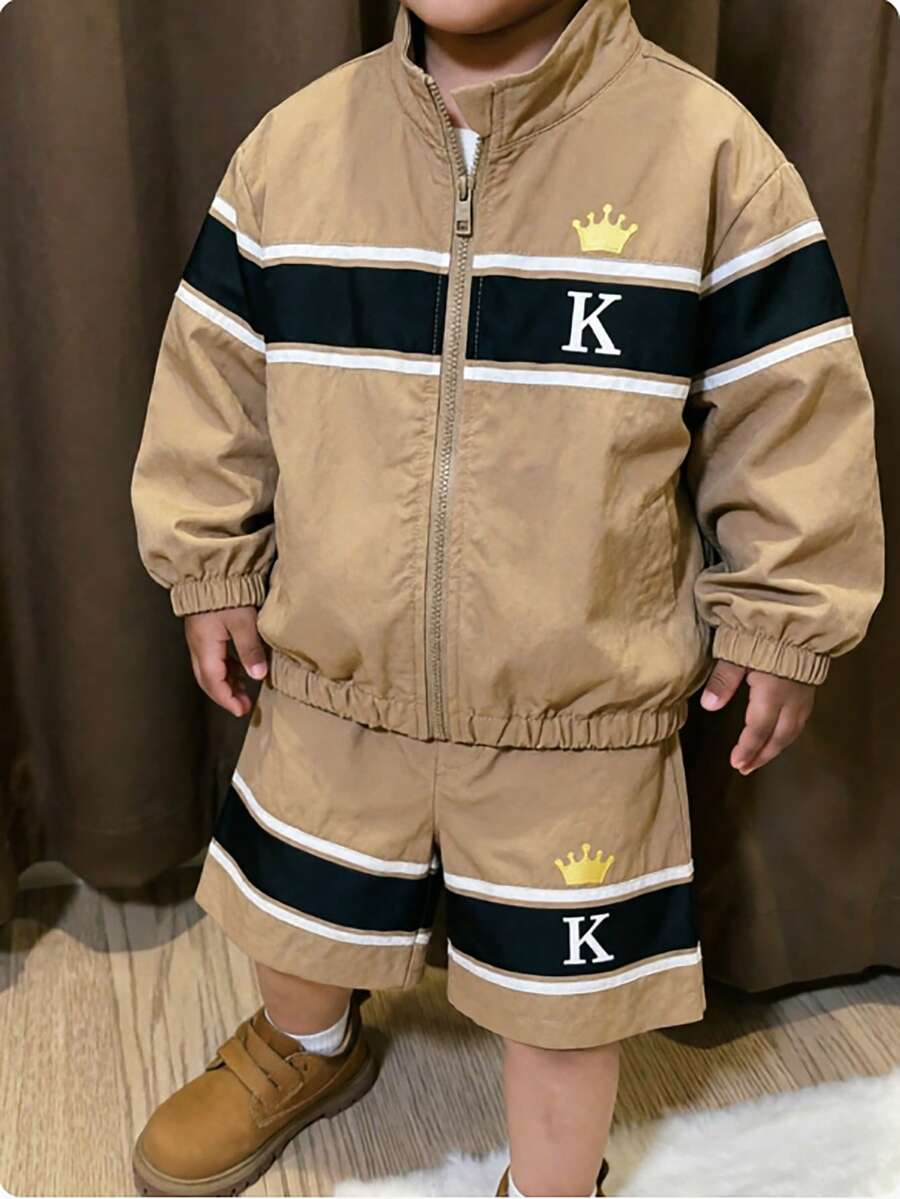 SHEIN 2pcs Boys' Set, Spring/Summer/Autumn Fashion Sports Zip-Up Cardigan Jacket + Casual Shorts, Suitable For Daily Wear, Outdoor Sports, Running, Hiking, Spring/Autumn Trips And More - Khaki - View 1