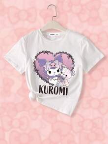 HELLO KITTY AND FRIENDS | SHEIN Tween Girl 字母与卡通图案圆领短袖 T 恤，夏季 - 白色 - 查看 1