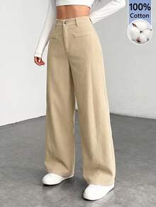 SHEIN PETITE Low Waist Solid Color Wide Leg Pants, Cotton Corduroy, Comfortable For Autumn/Winter - Apricot - View 6