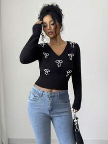SHEIN Elenzya Sweater Rajut Motif Pita dan Manik-manik Musim Gugur/Dingin - Hitam - View 4