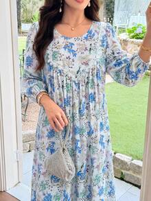 Al Najma 女款印花圓領蕾絲飾邊拼接A字洋裝 - 藍色 - 查看 7