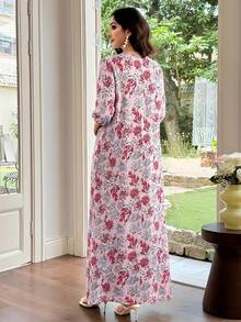 Al Najma 女款印花圓領蕾絲飾邊拼接喇叭裙 - 粉色 - 查看 2