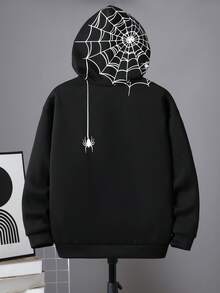 SHEIN 兒童青少年男孩蜘蛛網圖案黑色拉鍊連帽衛衣，休閒學院風，舒適時尚極簡百搭柔軟面料，適合日常穿著、上學、旅行、戶外運動，四季皆宜 - 黑色 - 查看 3
