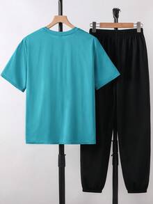 SHEIN 青少年男孩 2件組休閒極簡字母印花圓領套頭上衣套裝，適合夏季 - 彩色 - 查看 9