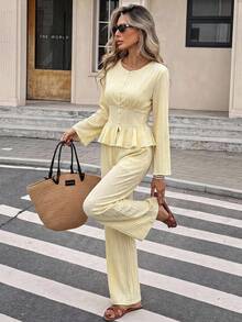 Serisse Women's Elegant Romantic Pale Yellow Pleated Ruffles Long Sleeve Top And Pants Casual Daily 2 Pieces Set Afternoon Tea Back To School Work - Light Yellow - View 2