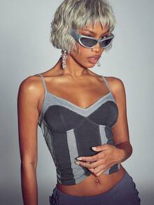 Normani Summer Autumn Festival Party Club Night Night Club Night Out Prom Graduation Streetwear Y2k Women's Colorblock Patchwork Fitted Camisole Dark Grey - Grey - View 2