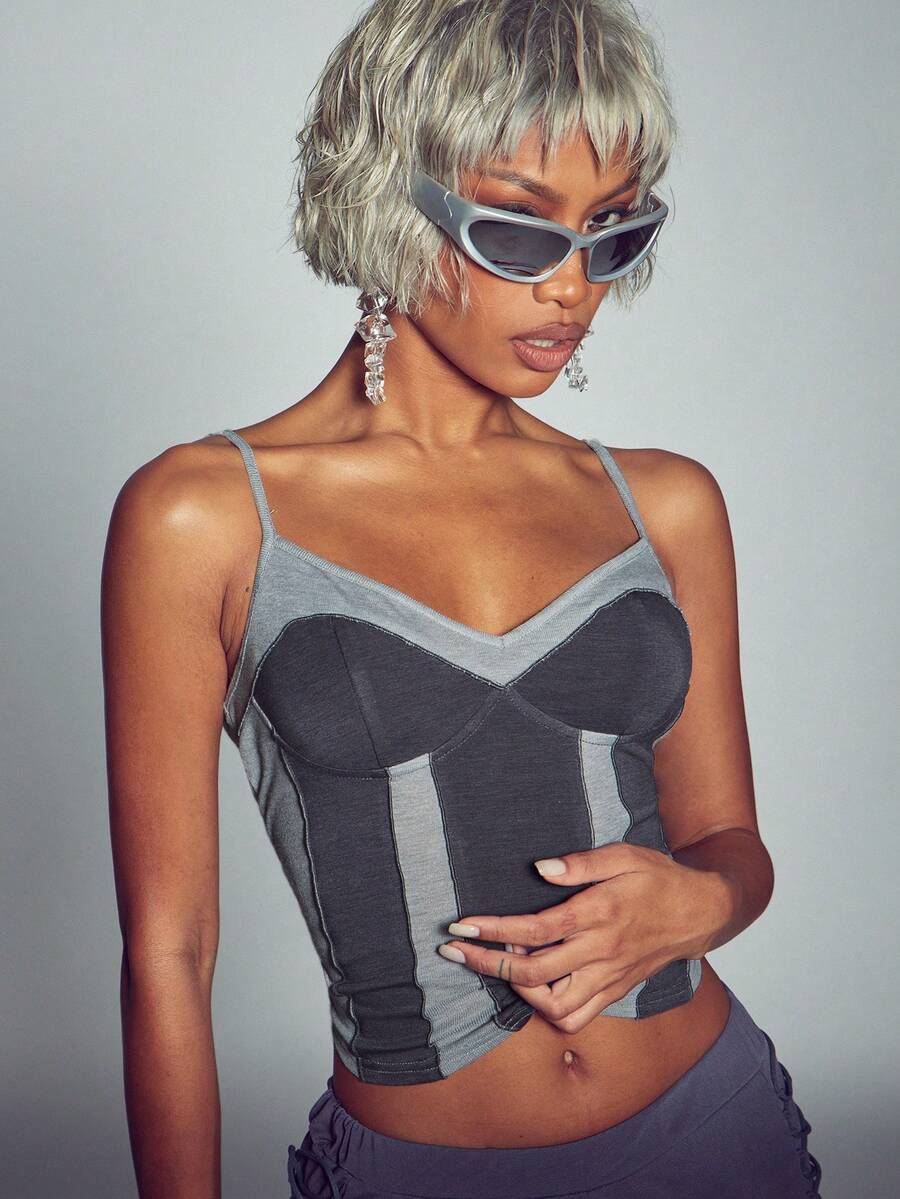 Normani Summer Autumn Festival Party Club Night Night Club Night Out Prom Graduation Streetwear Y2k Women's Colorblock Patchwork Fitted Camisole Dark Grey