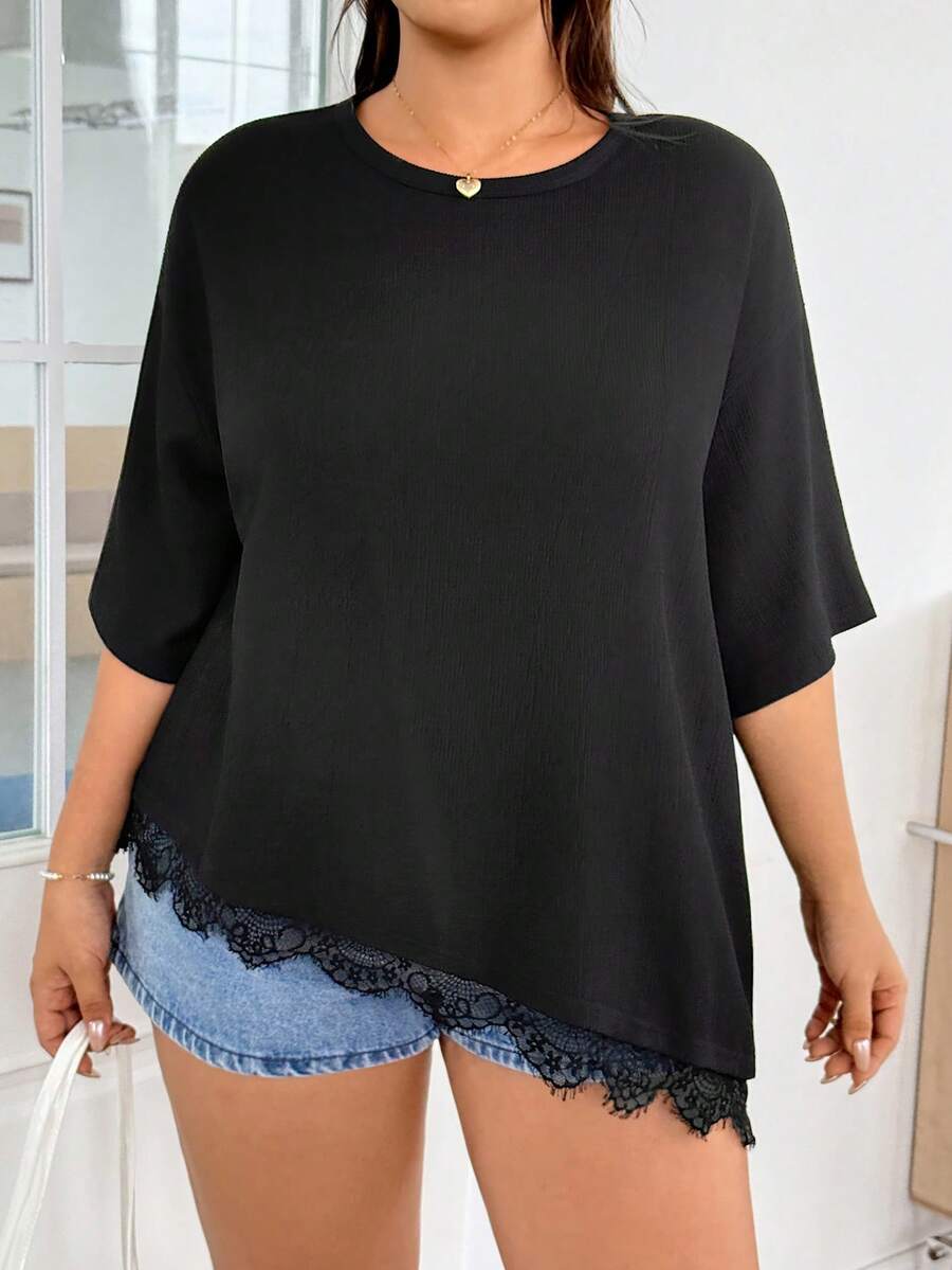GalTyme Plus Size Women's Solid Color Round Neck 3/4 Sleeve Contrast Lace Hem Loose T-Shirt - Black - View 1