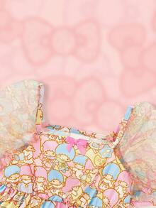 HELLO KITTY AND FRIENDS | SHEIN 女嬰網紗泡泡袖全印花連衣裙 - 彩色 - 查看 3