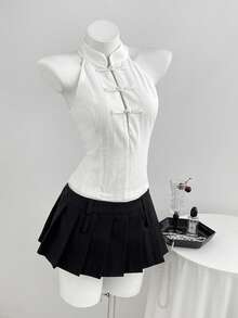 Elamini Women's Solid Color Elegant Halter Neck Blouse With Frog Button Design - White - View 4
