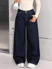 SHEIN Teen Girl Loose Wide Leg Dark Blue Denim Jeans - Dark Wash - View 1