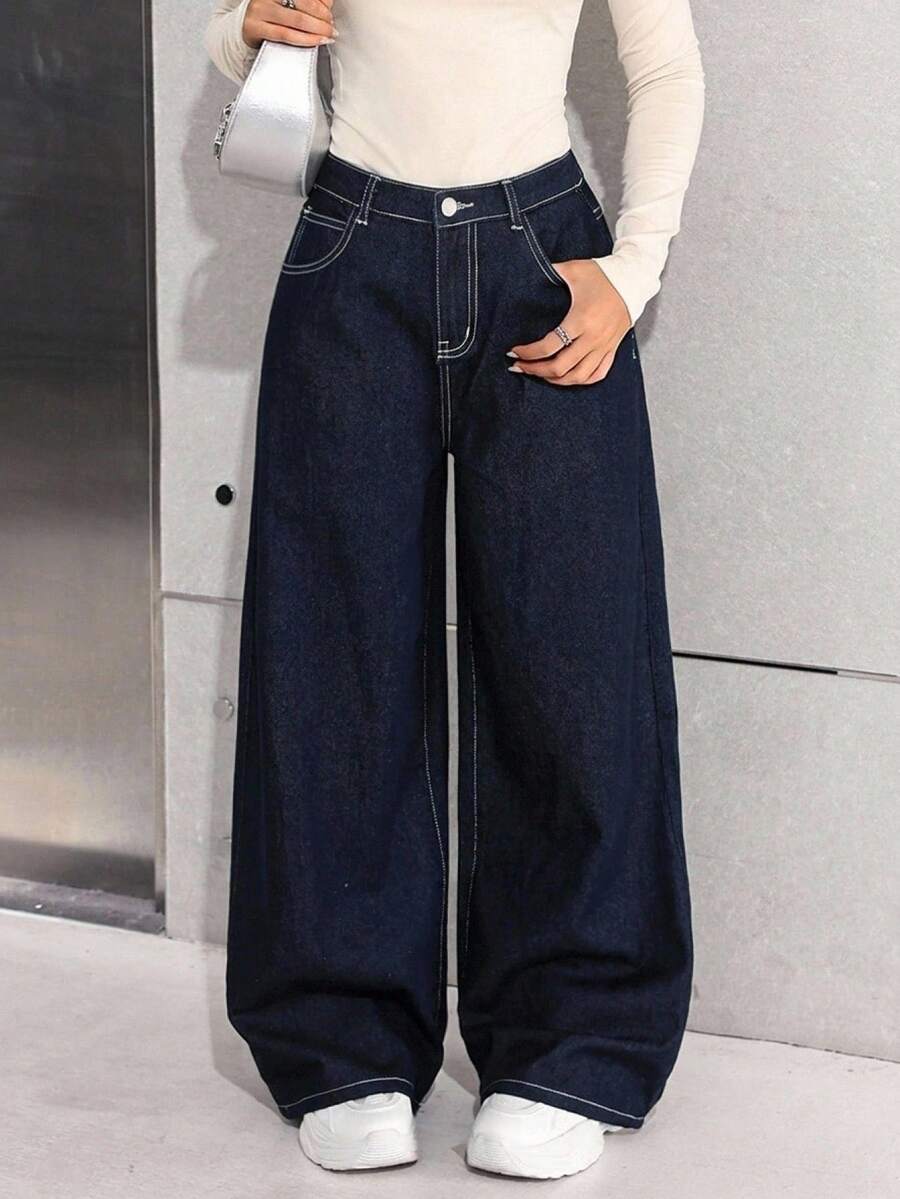 SHEIN Teen Girl Loose Wide Leg Dark Blue Denim Jeans - Dark Wash - View 1
