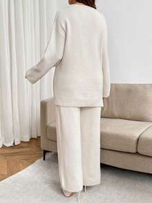 SHEIN Maternity Solid Color Crew Neck Side Slit Hem Sweater And Adjustable Waist Knit Long Pants Casual Set Winter - Apricot - View 2