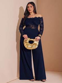 SHEIN BAE 大尺碼女款露肩黑色長版連身褲 秋季 - 藏蓝色 - 查看 4