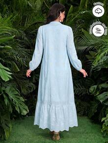 SHEIN Najma 女款阿拉伯風洋裝，假領設計、鈕扣裝飾、刺繡布料、燈籠長袖與喇叭裙擺 - 藍色 - 查看 2
