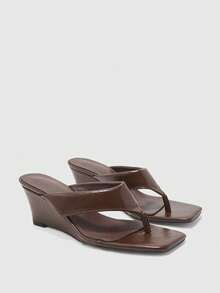 CUCCOO BIZCHIC Spring And Summer Brown Mezzanine Herringbone Strap Square Toe Slope Heel High Heel Minimalist Black Slippers Travel Commuter Dating - Brown - View 1