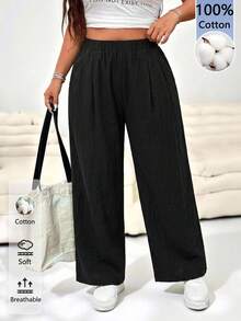 SHEIN EZwear 休閒大尺碼女款直筒黑色長褲，適合春夏、音樂節、派對 - 黑色 - 查看 1