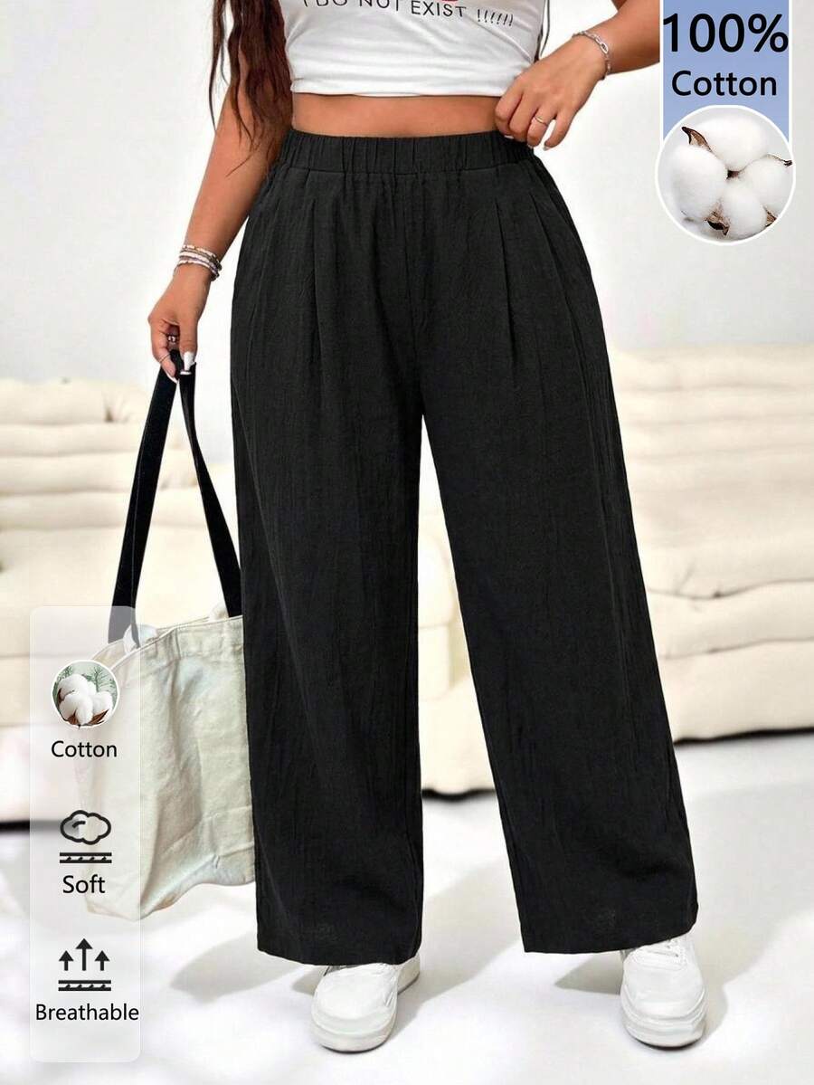SHEIN EZwear 休閒大尺碼女款直筒黑色長褲,適合春夏、音樂節、派對 - 黑色 - 查看 1