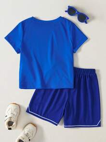 SCOOBY-DOO X SHEIN 2pcs/Set Young Boy Casual Style Cartoon Print Round Neck Short Sleeve T-Shirt And Shorts Comfortable Two Pieces Set - Blue - View 2