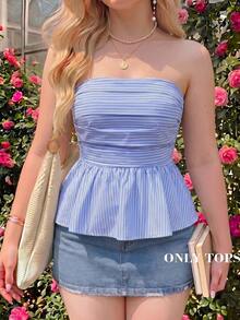 SHEIN MOD 大码女式夏季条纹露肩上衣 - 藍白色 - 查看 2