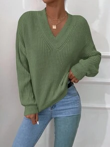 SHEIN Cottnline V Neck Drop Shoulder Sweater - Lime Green - View 5