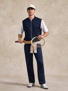 Men's Solid Color Zip-Up Vest And Pants Set - Navy Blue - View 8