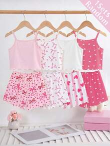 [Enviado al azar 1 set]Pijama para niñas preadolescentes de verano, nueva moda, lindo estampado de conejo de dibujos animados, moño y corazón, top de tirantes de punto con volantes y shorts con estampado integral, conjunto de pijama de 2 piezas 1 set (enviado al azar) - Multicolor - Ver 3