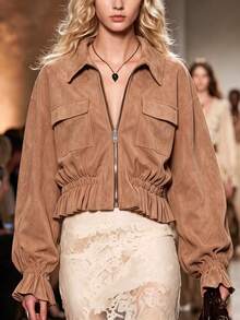 LUMIGAL Women's Autumn/Winter New Design Suede Fashion Versatile Lapel Zipper Long Sleeve Jacket Everyday Camel Elegant - Brown - View 1