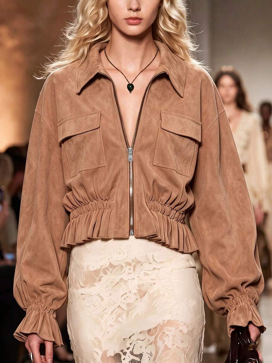 LUMIGAL Women's Autumn/Winter New Design Suede Fashion Versatile Lapel Zipper Long Sleeve Jacket Everyday Camel Elegant - Brown - View 1