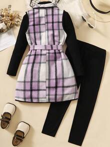 Tween Girl Plaid Pattern Belted Vest Coat & Solid Tee & Leggings - Multicolor - View 2