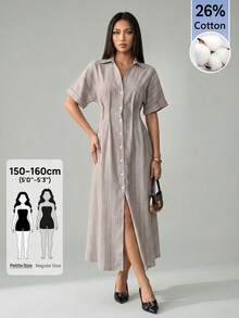 SHEIN PETITE Women's Fashionable Beige Long-Sleeve Collared Commuter Dress Teachers' Day Office Summer French Elegant - Apricot - View 8