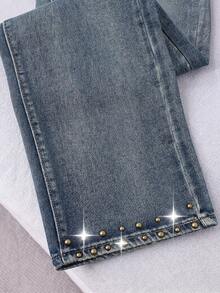 SHEIN Tall Y2K Casual Tall Fashion Street Vintage Rivet Washed Straight Leg Jeans Everyday School Blue Summer - Dark Wash - View 2