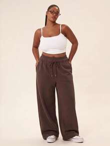 Voyena Women's Plus Size Minimalist Casual Drawstring Waist Pocket Leggings - Coffee Brown - View 2