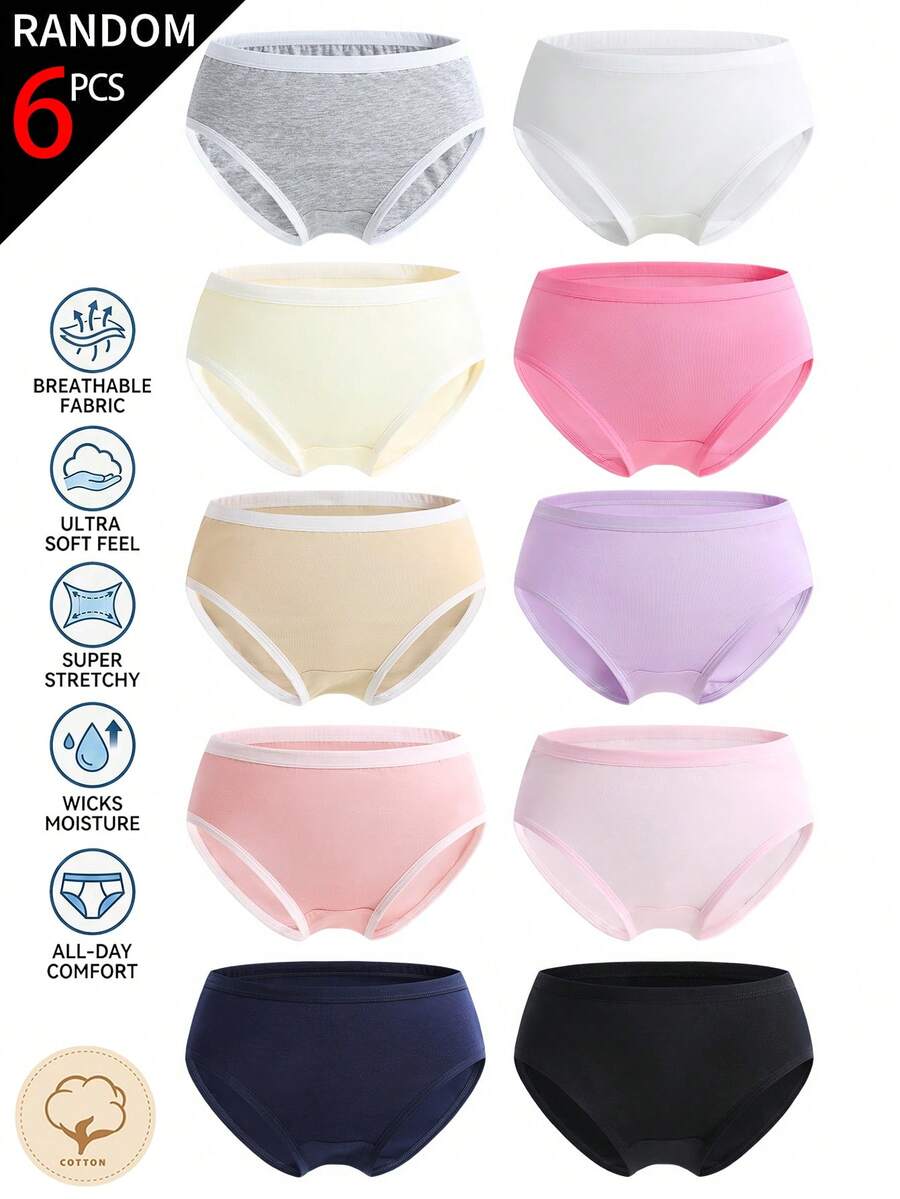 [6pcs Random Assortment]All-Season Basic Solid Color Pure Cotton Skin-Friendly Comfortable Women's & Girls' Boxer Briefs - Multicolor - View 1