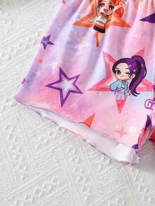 2pcs Young Girl Comfortable Soft Knit Camisole Shorts Set, Ruffled Design, Cute Pattern, Ideal Gift - Multicolor - View 6