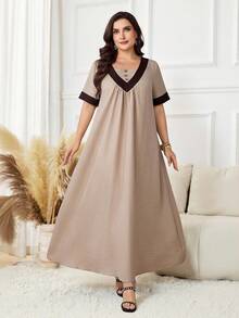 Al Najma Plus Size Women's Contrast Color Button Design Short Sleeve Arabic Style Hijab Modest Dress Egypt Holiday Evening Morocco Holiday Wedding Beige Summer - Khaki - View 10